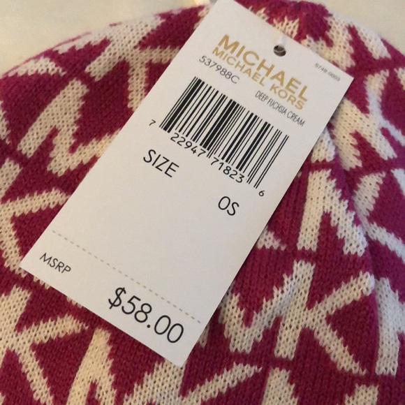 Michael Kors Cuffed Beanie Hat Deep Fuchsia Cream Logo Print OS NWT - Picture 4 of 12